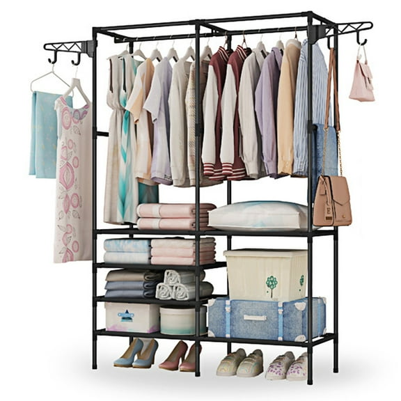 Metal Freestanding Clothing Rack Portable Closet Organizer for Hanging Clothes Garment Rack with Shelves for Cloakroom Bedroom Easy Assembly 66.1"×42.1"×14.2" Black