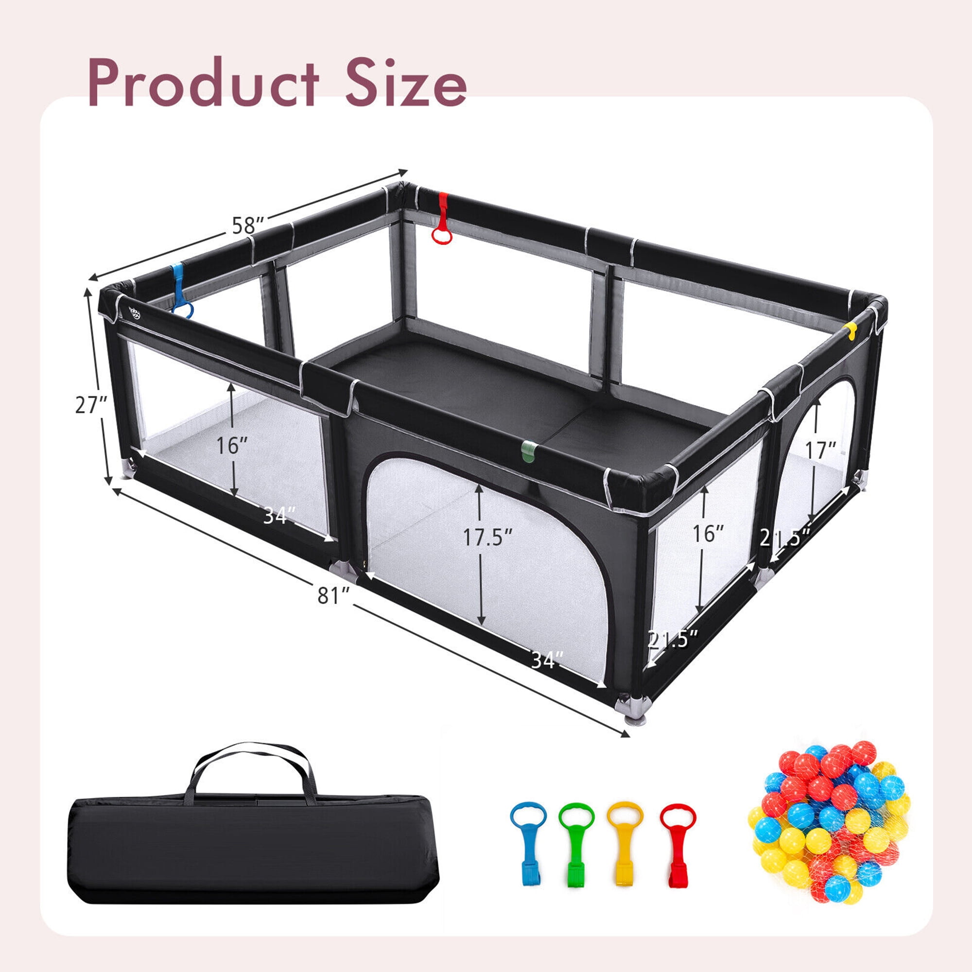 Gymax Baby Playpen Extra-Large Safety Baby Fence w/ Ocean Balls & Rings Black