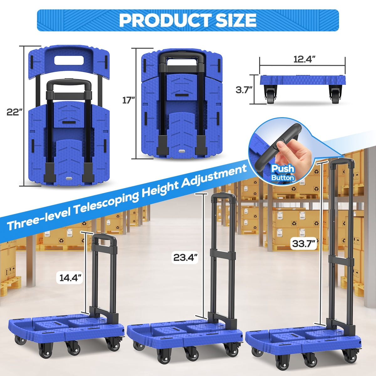 TNTANTS Folding Hand Truck, 500 LB Heavy Duty Portable Dolly Cart, 6 Wheels Collapsible Luggage Trolley with 3 Elastic Ropes, Hand Cart for Travel, Moving, Shopping, Blue