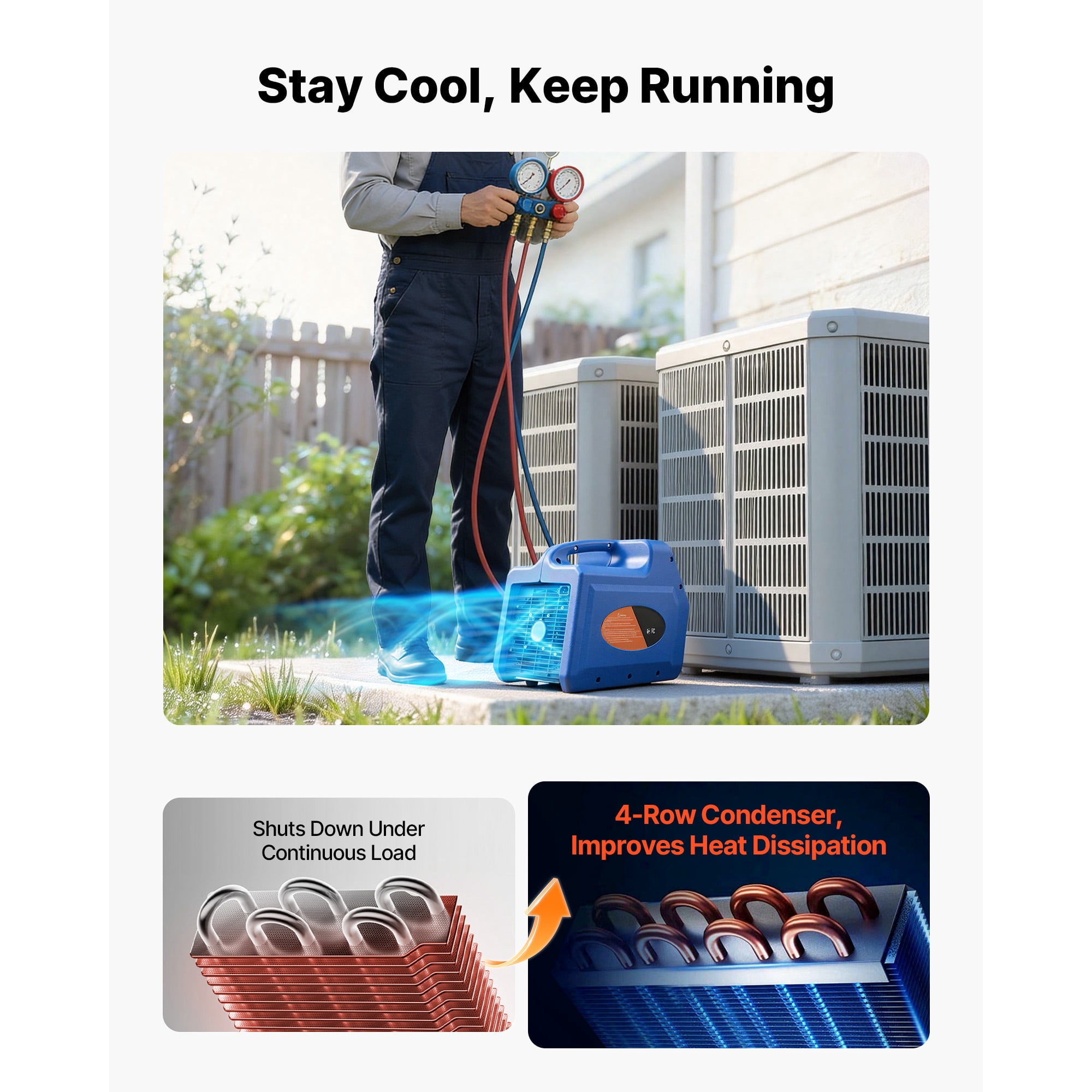 KFFKFF Portable Refrigerant Recovery Unit, 3/4 HP 110V 60Hz Single Cylinder Machine for Liquid and Vapor Refrigerant, 1750 RPM Recycling System for Automotive and Home Air Conditioning