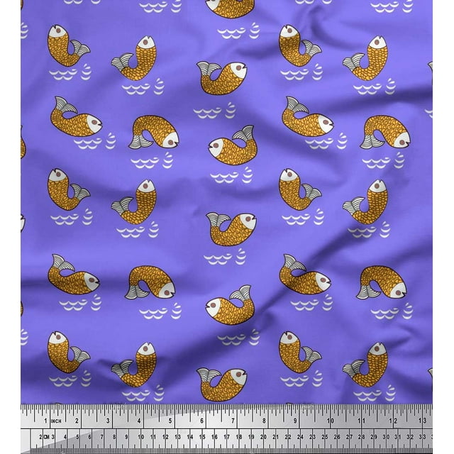 Soimoi Purple Poly Georgette Fabric Waves & Fish Ocean Printed Fabric 1 Yard 52 Inch Wide