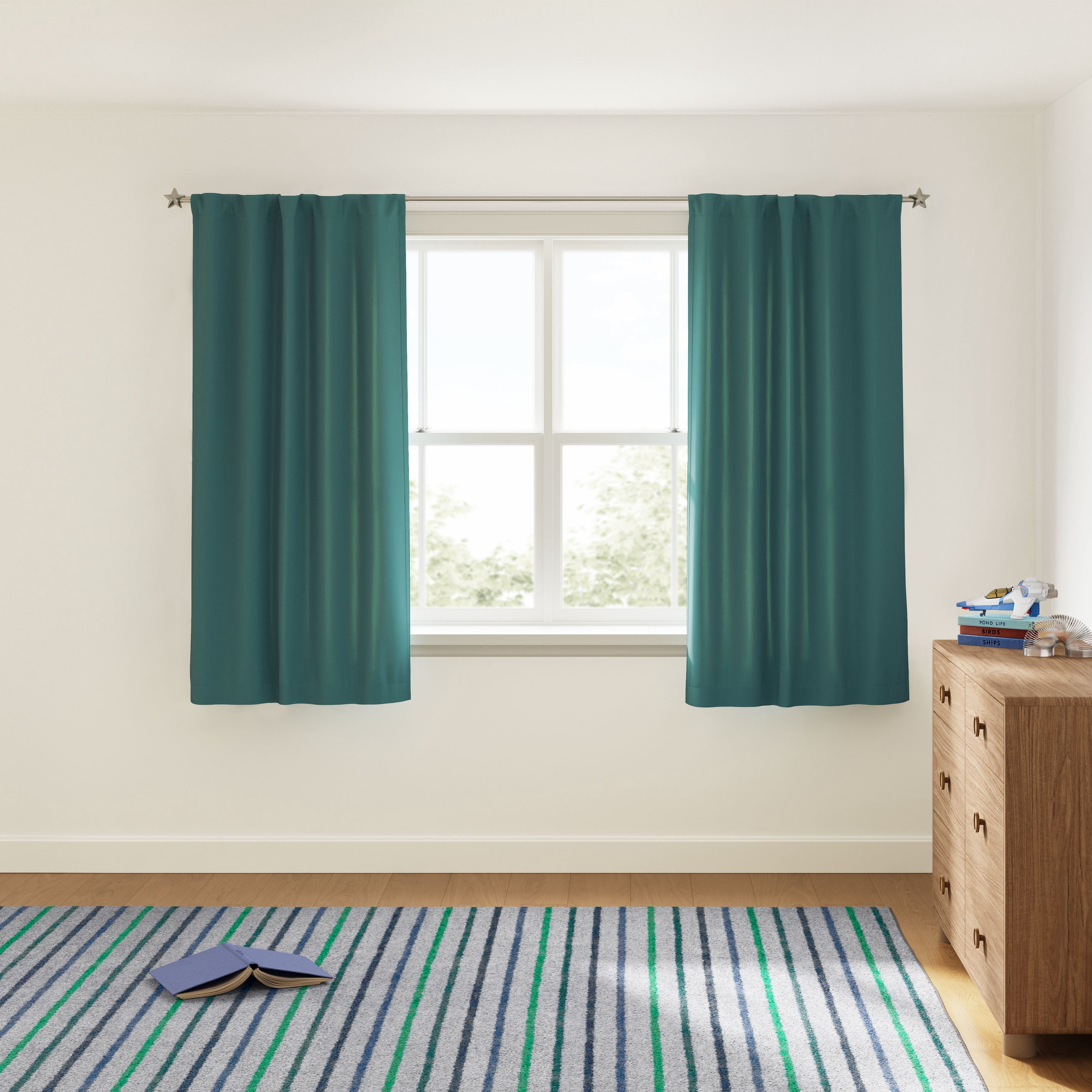 Mainstays Kids Dark Green Solid Blackout Rod Pocket with Back Tabs Curtain Panel Pair, Set of 2, 30" W x 63" L