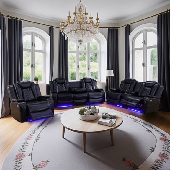 3-Piece Black Breathing Leather Recliner Sofa Set - Living Room Comfort Seating