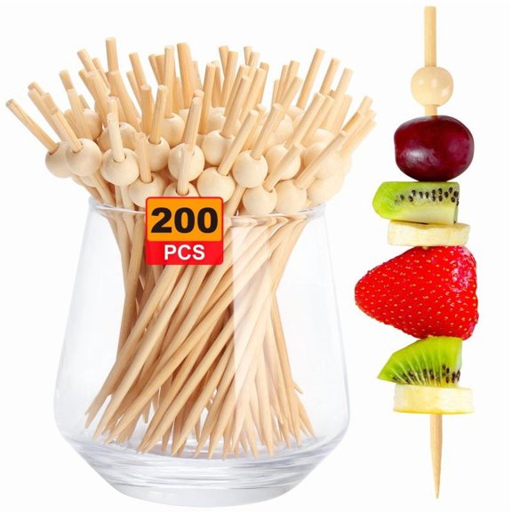 TFixol Party Tableware 200PCS Cocktail Picks, Natural Fancy Toothpicks for Appetizers, Wooden Ball Bamboo Skewers for Appetizers, 4.7 IN Long Decorative Cocktail Sticks