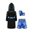 thumbnail image 2 of Doomiva Unisex Kids Boxing Uniform Satin Long Hooded Boxing Robe with Waistband Muay Thai Shorts And Boxer Gloves Set Black&Blue 16, 2 of 5