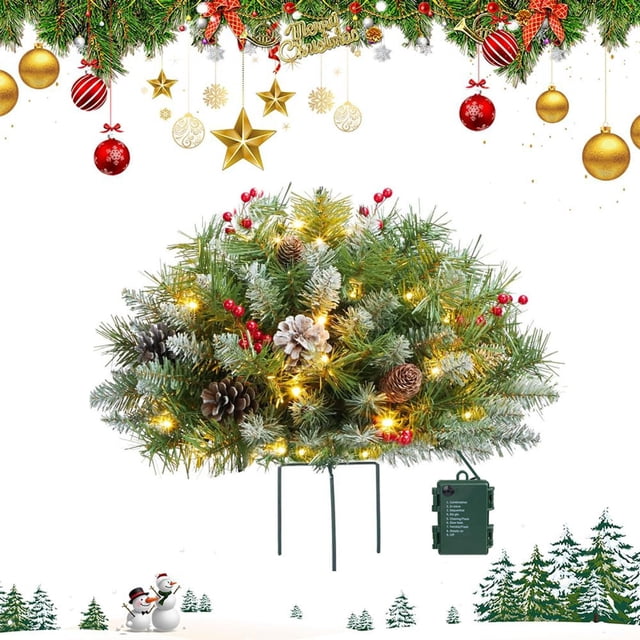 Outdoor Lighted Half Stake Christmas Tree, Prelit Artificial Tree with LED Lights, Weatherproof Holiday Planter Filler for Yard Patio Porch and Entryway Christmas Decoration