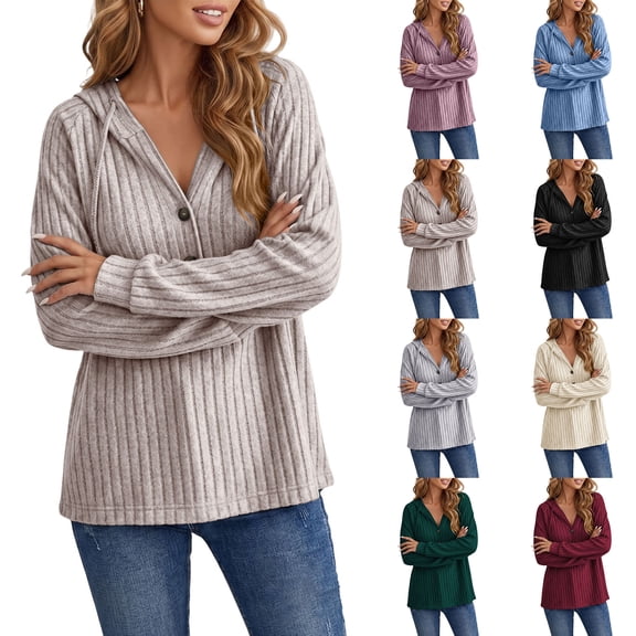 V-neck Hoodie for Women Zaewscy Knitted V-neck Long-sleeve Pullover Hoodie With Drawstring And Buttons Casual Style Khaki XL