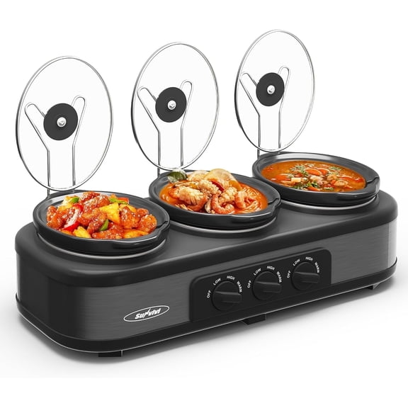 Superjoe Triple Slow Cooker Buffet Servers and Warmer,3 Pot Food Small Mini Manual Slow Cooker with Adjustable Temp Stainless Steel Lid Rests, Removable Ceramic Pot, Grey