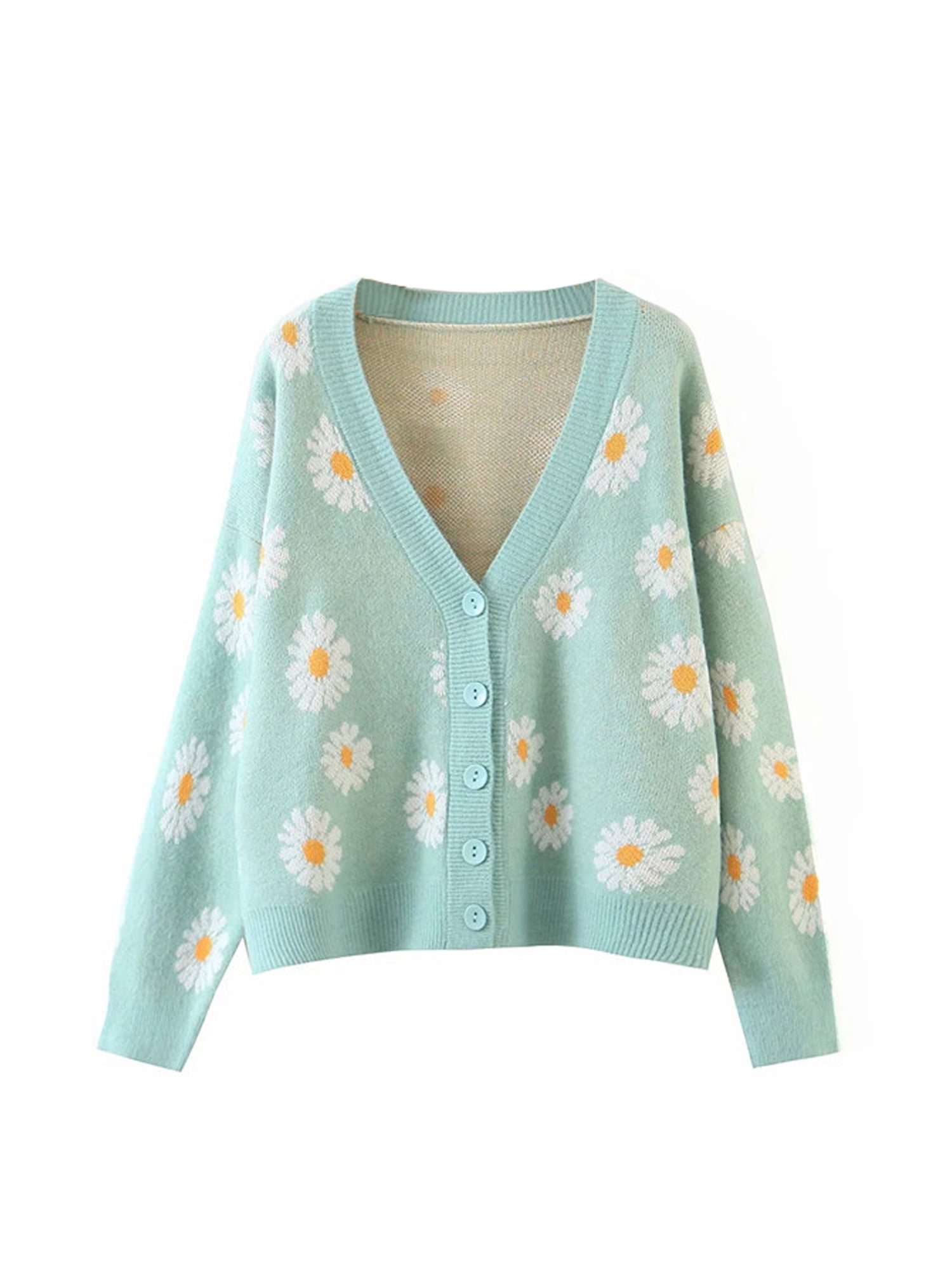 TOPGOD Women Little Daisy Sweater V Cardigan, Lossen Knit Long Casual Sleeve Neck Loose Coat Floral