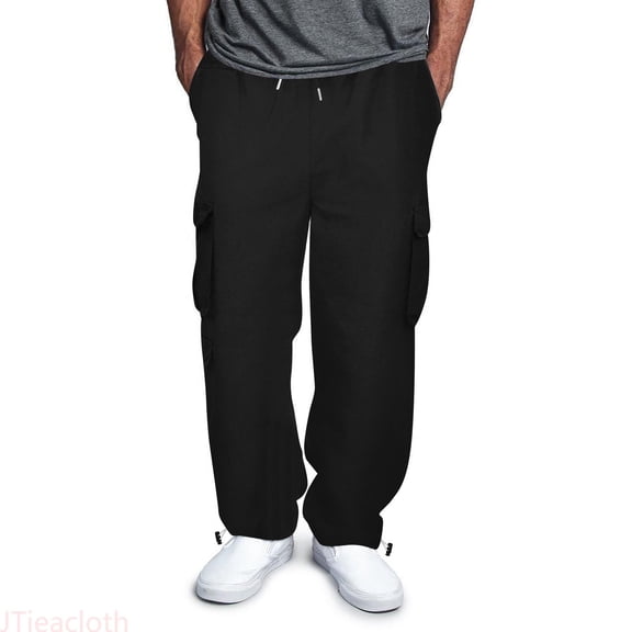 JTieacloth Mens Street Casual Sports Multi Pocket Foot Hat Rope Waist Tie Solid Color Woven Cargo Pants Cargo Pants for Men Black