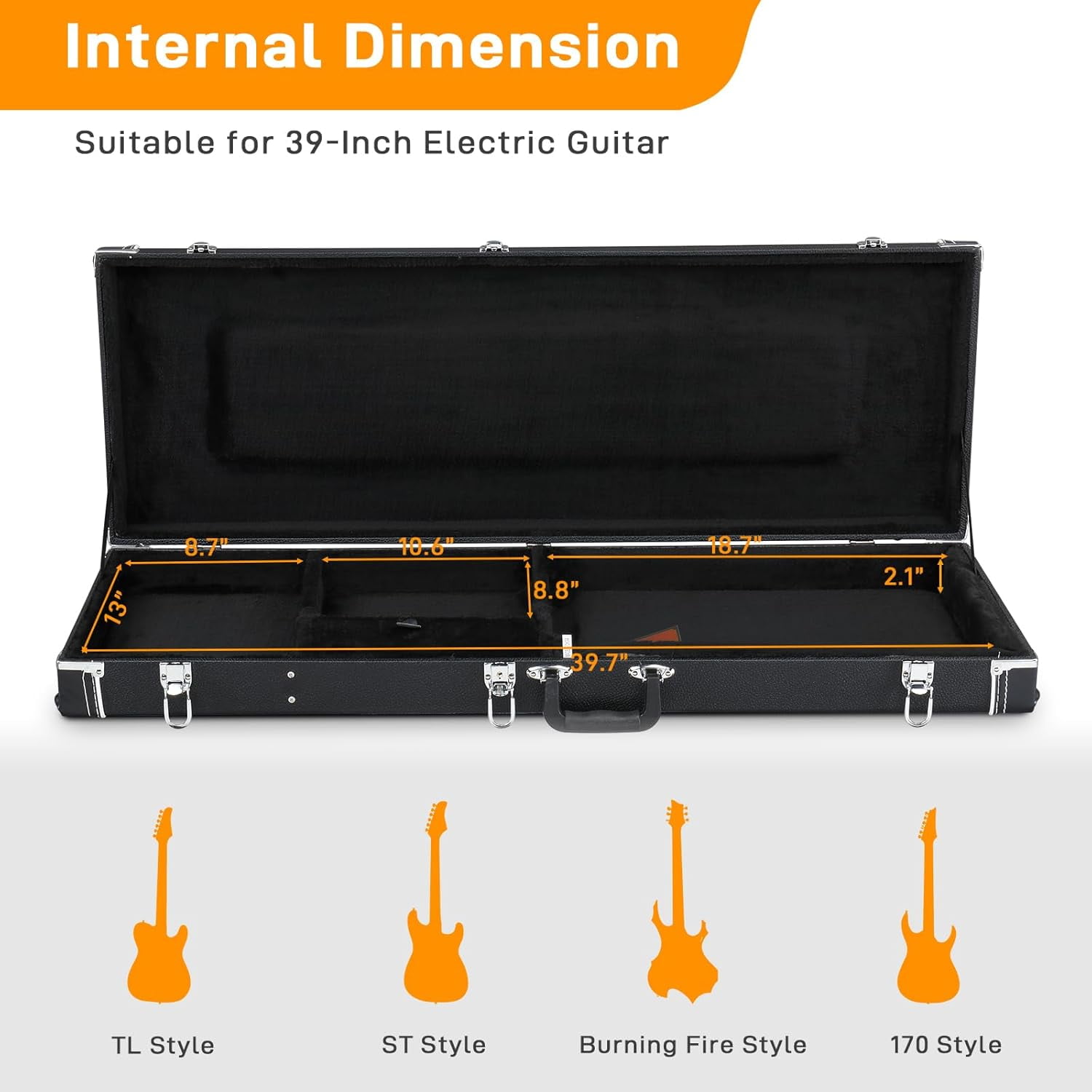 HarmonyStrings Guitar Hard Case, Rectangle Wooden Standard 39-Inch Electric Guitars Hard-Shell Protective Carrying Case for KST/KTL/170 Model with Lock Latch Padding Black