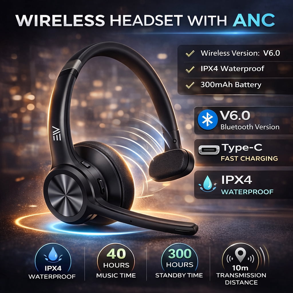 Electronic World Wireless Bluetooth Headset with Mic,Noise Cancelling Trucker & Call Center Headphones,30H Talk Time,Computer Headset for Work,Laptop, Phone & PC (Black)