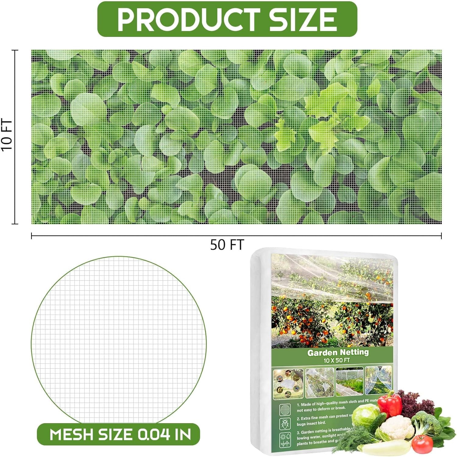 Garden Netting, 10 x 50 Ft Insect Bird Netting for Garden Protection, Ultra Fine Mesh Mosquito Net for Patio Vegetable Plants Fruit Tree, Birds Pests Bugs Plant Covers