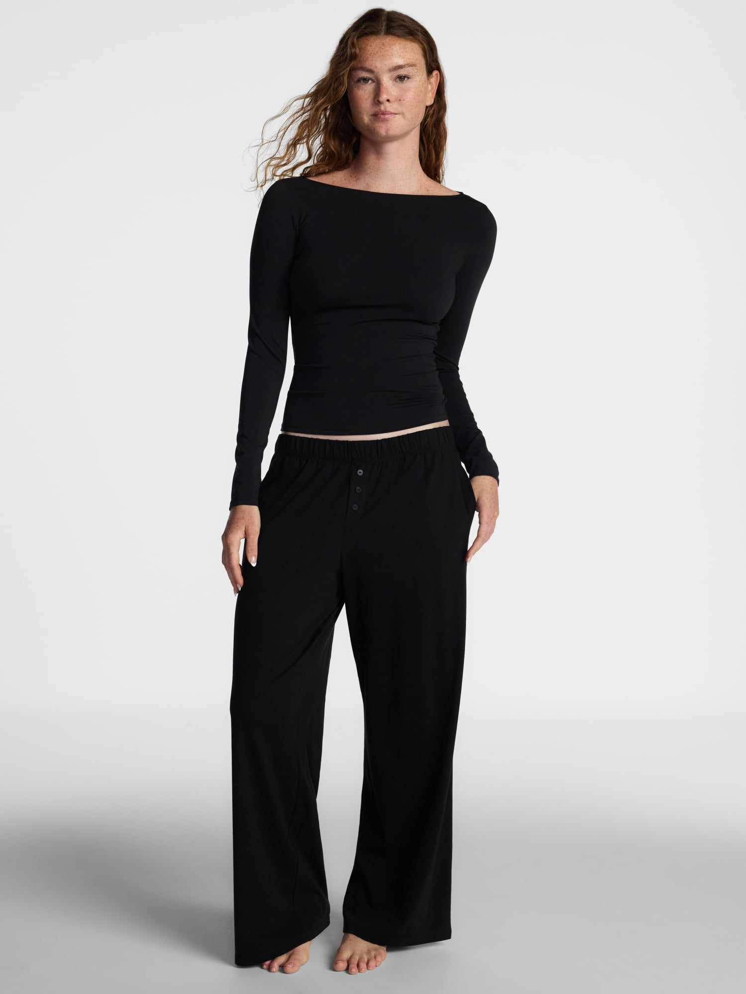 No Boundaries Cotton Stretch Jersey Boat Neck Shirt with Long Sleeves, Women's XS-XXXL