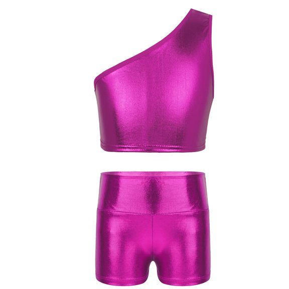 Sinleey Kids Girls Shiny Metallic Crop Tank Top and Boy Shorts Set Stage Performance Dancewear Rose 150