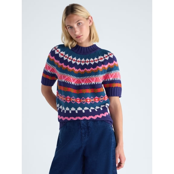 Free Assembly Women's Yoke Stitch Sweater with Short Sleeves, Midweight, Sizes XS-XXL