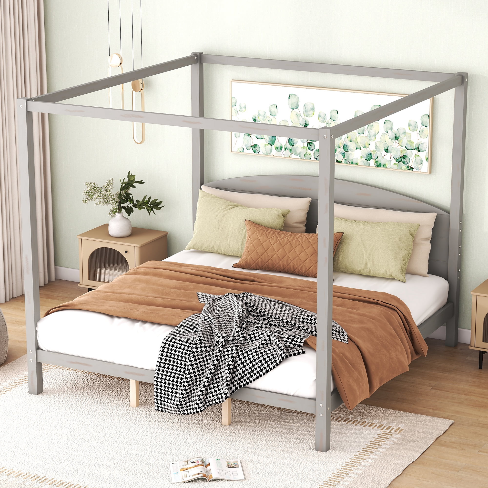 Harper & Bright Designs King Size Canopy Platform Bed with Headboard and Support Legs, Solid Wood 4 Post Canopy Bed Frame for Teens Adult, Grey