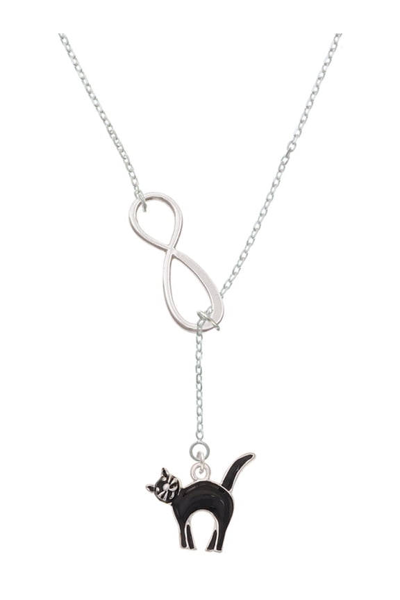 Silvertone Black Standing Cat Silver tone Elegant Infinity Lariat Necklace