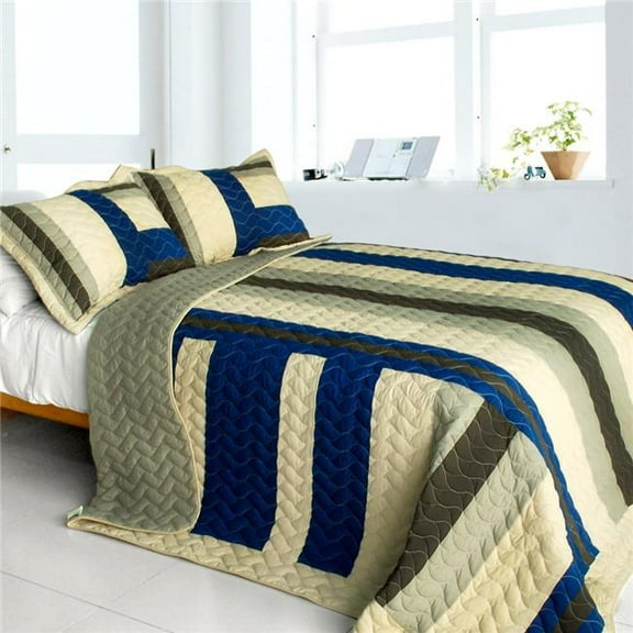 QTS01060-23 Road to Dream - 3 Pieces Vermicelli-Quilted Patchwork Quilt Set  Full & Queen Size - Blue
