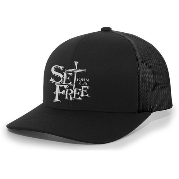 Christian Set Free John 8:36 Nail Cross Jesus Mens Mesh Back Trucker Hat Baseball Cap, Black/Black