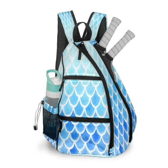 Pickleball Bag with Padded Back, Blue Mermaid Scales Multi-Compartment Paddle Backpack, Lightweight Nylon Sports Bag for Men & Women