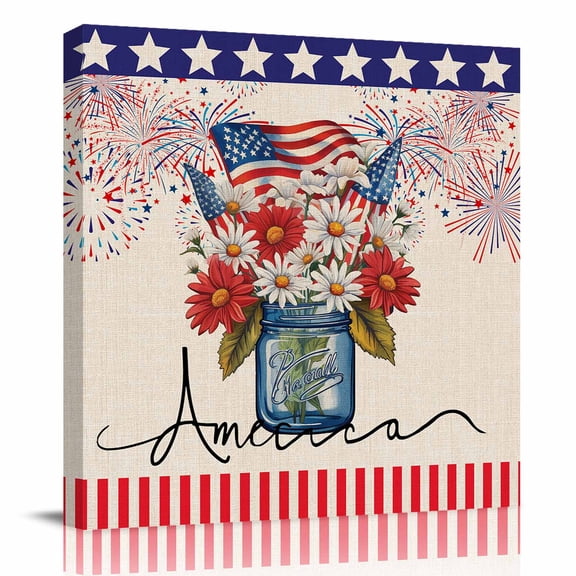 Canvas Print Wall Art Oil Paintings Memorial Day Flower Patriotic Flag Picture Prints Artwork for Living Room Kitchen Bathroom Bedroom,Stretched and Framed Ready to Hang,Star and Stripe on Burlap