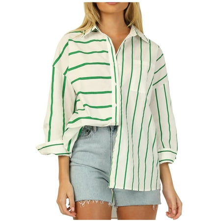 

Womens Basic Button Down Shirts Plus Size Striped Tshirt Turn Down Collar Casual Loose Tunic Tops with Pocket Fashion Long Sleeve Comfy Tunic Blouse Top for Ladies