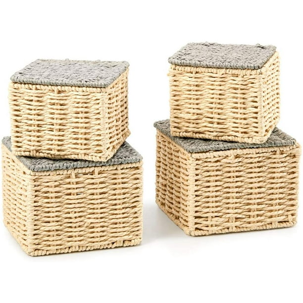 EZOWare Small Paper Rope Woven Lidded Storage Baskets bins, Household