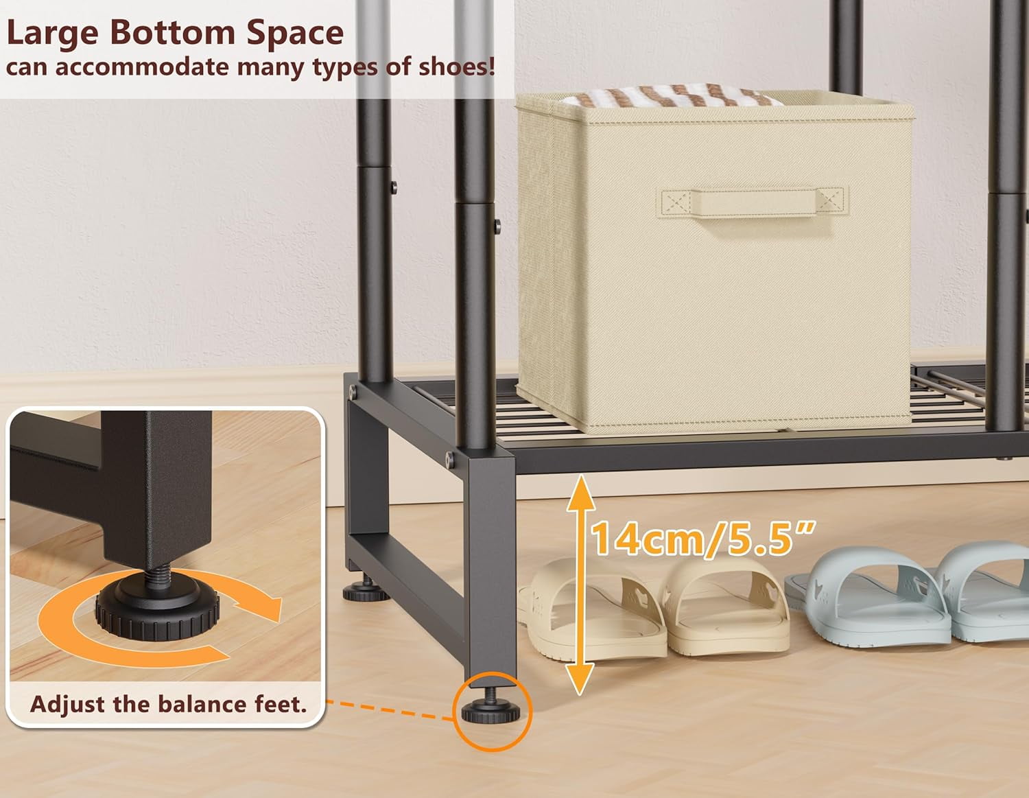 Double Rods Clothes Rack Clothing Rack with  Storage Shelves Clothes Rack for Hanging Clothes Multifunctional Heavy Duty Clothes Organizer with Hooks for Bedroom,Wardrobe Closet,Shop