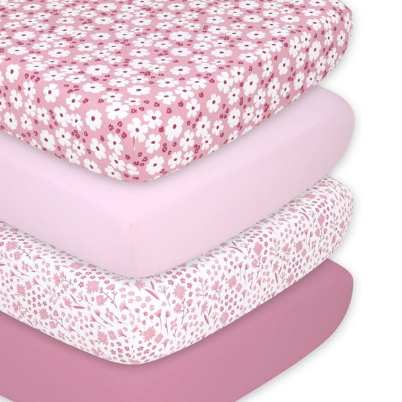 The Peanutshell Fitted Crib Sheet Set, Daisy, 4 Pack