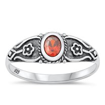 CHOOSE YOUR COLOR Simulated Garnet Oxidized Flower Ring .925 Sterling Silver Band Red CZ Female Size 8