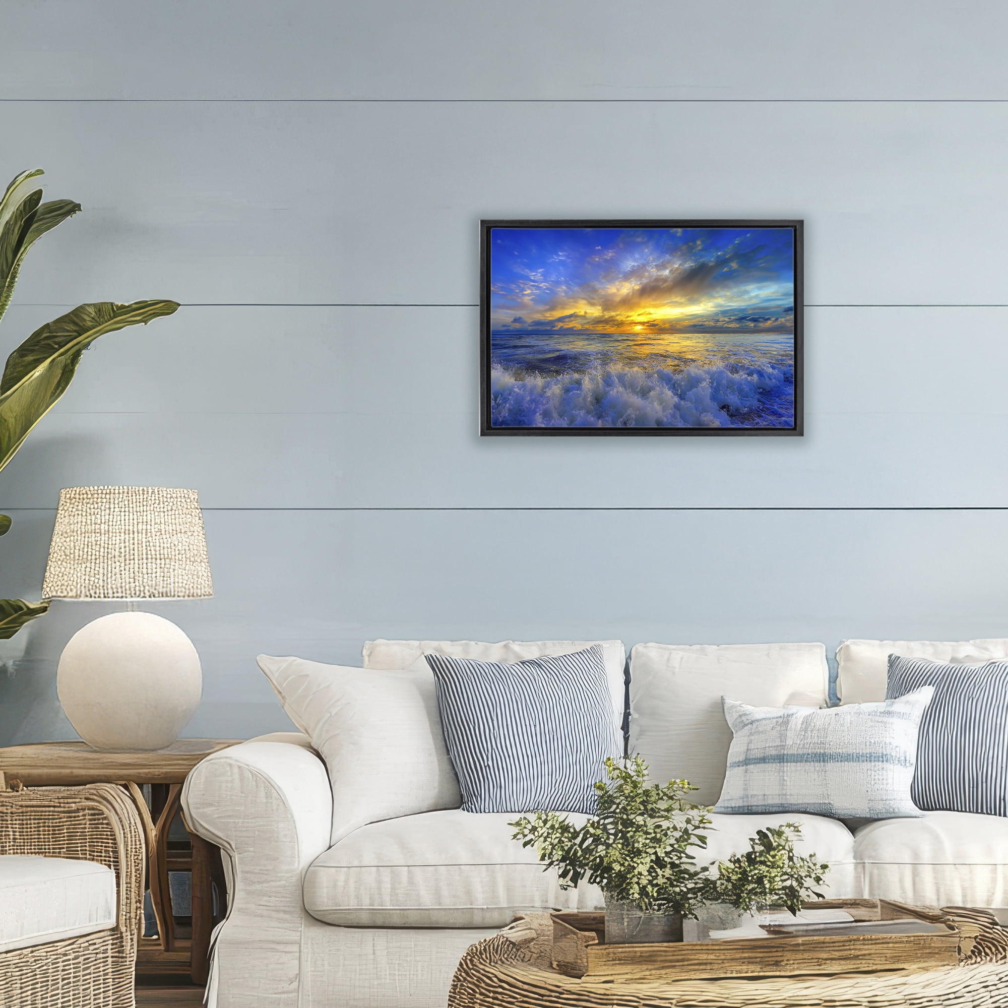 Stupell Industries Golden Blue Sunset over Waves Black Framed Floater Canvas Wall Art, design by Eszra Tanner
