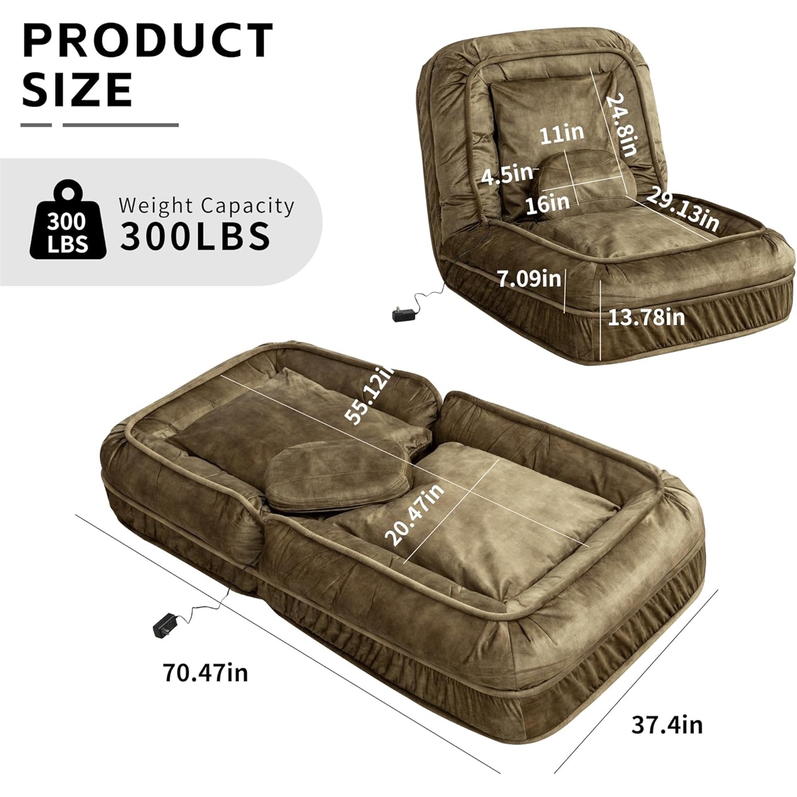 LEHZROAJ Velvet Upholstered Bean Bag Chairs,5-Position Adjustable 2 Soft Pillows Massage Floor Sofa,Multi-Functional  Human Dog Bed for Living Room(Green)