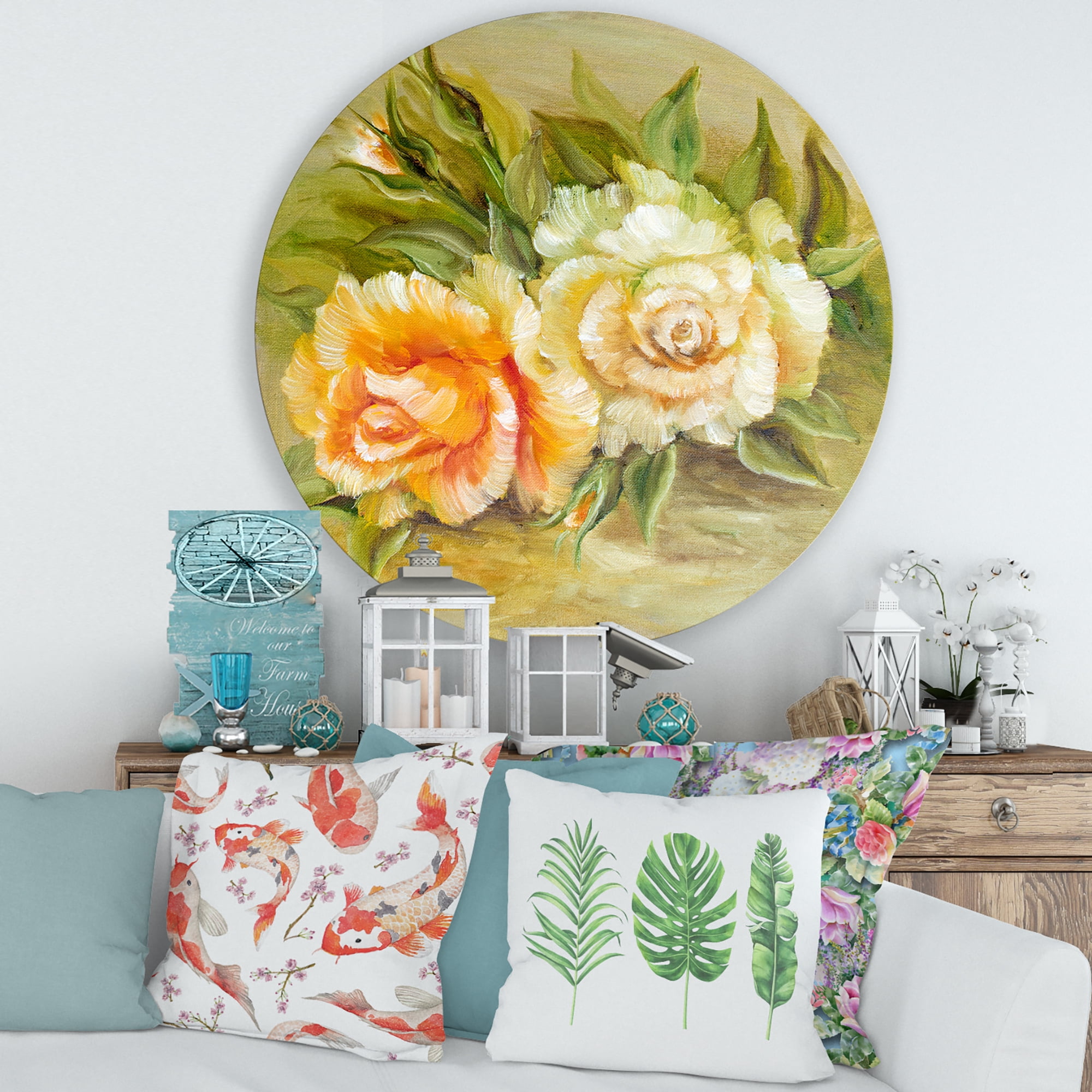 Designart 'Vintage Yellow and White Roses' Traditional Circle Metal Wall Art 36x36 - Disc of 36