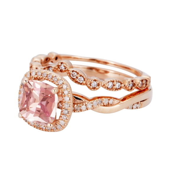 2 ct Halo Cushion Morganite Engagment Ring Wedding Band Solid 10K Rose Gold