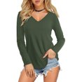 thumbnail image 1 of Qarigey Camiseta de mujer de manga larga de color sólido Top con cuello en V Blusa informal delgada Prendas para la parte del cuerpo Verde S Qarigey AP003371-06, 1 of 1