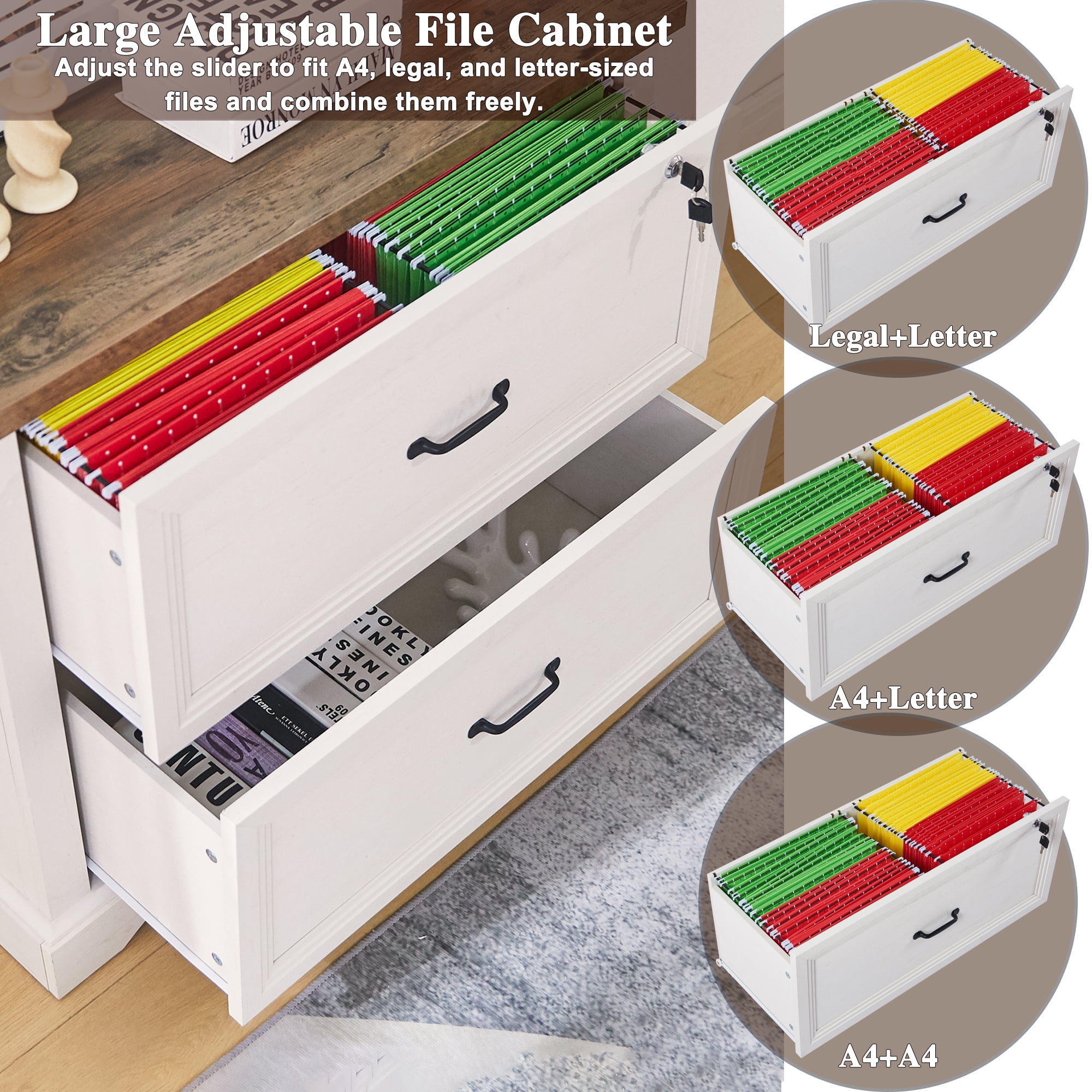 Haooyeah 31.5" Farmhouse Filing Cabinet with Locking Drawer, 2 Drawer File Organizer with Adjustable Rails for A4/Letter/Legal, Large Office Storage, Antique White