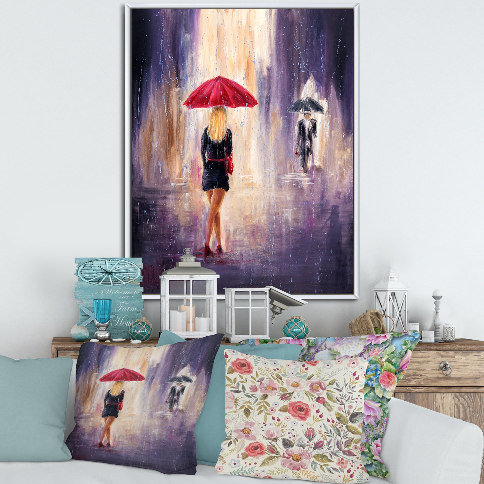 The Girl With The Umbrella Walking In The Rain II 24 in x 32 in Framed Painting Canvas Art Print, by Designart