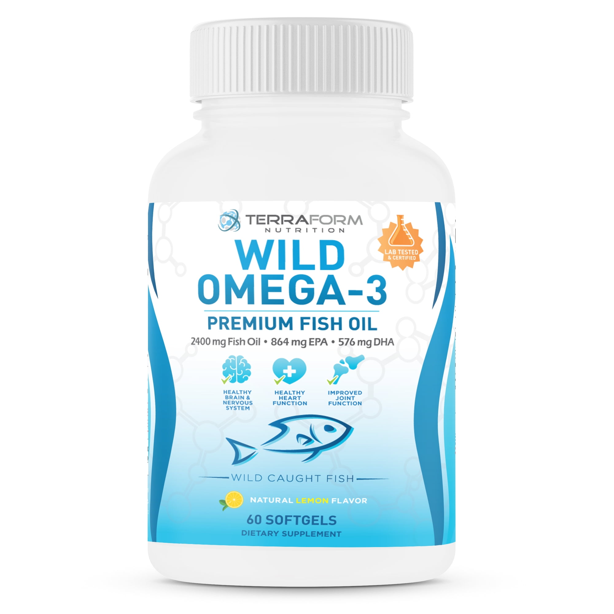 Terraform Nutrition Wild Omega 3 Fish Oil 2400mg - Burpless, Lemon Flavored Non-GMO, Gluten Free, Soy Free – 30 Day Supply