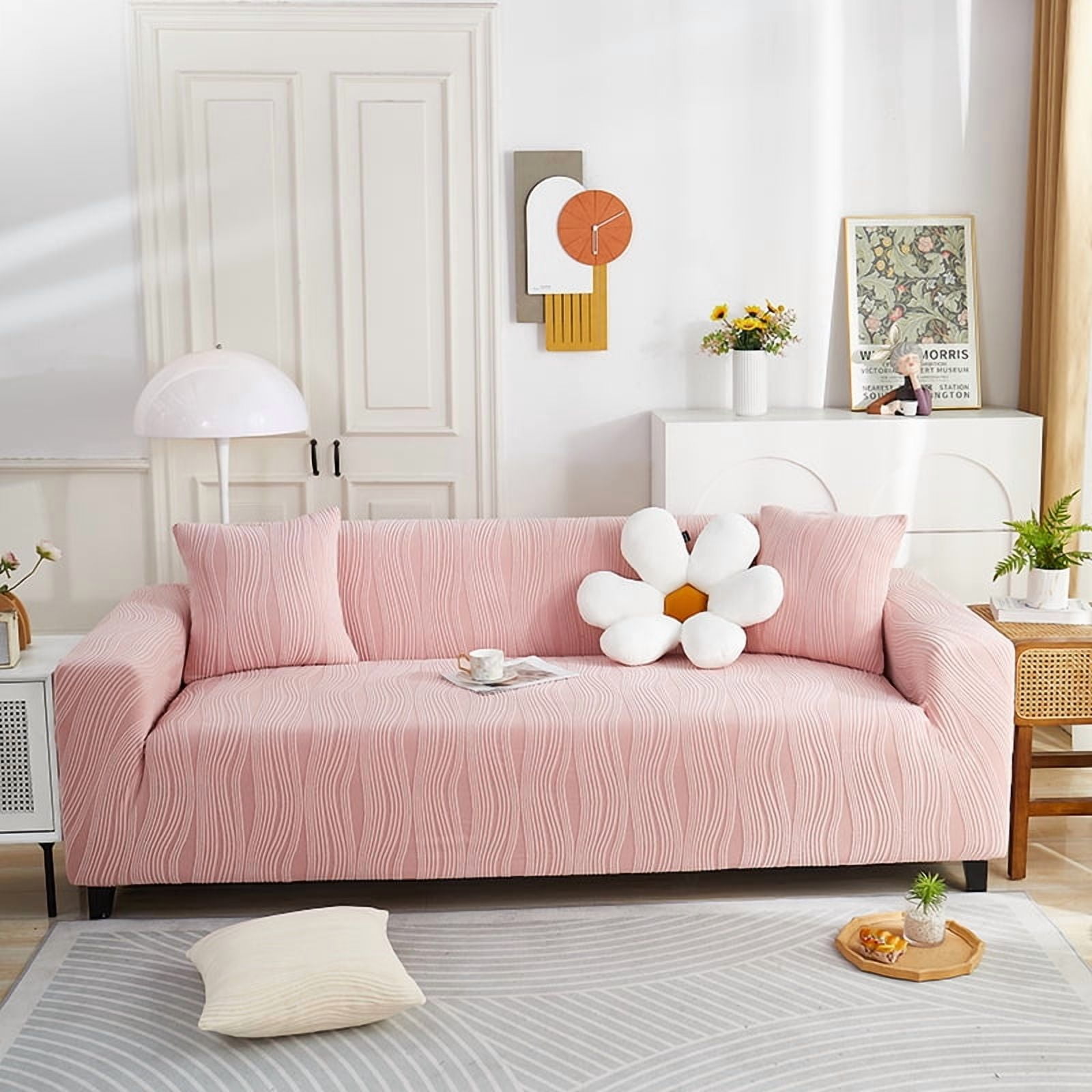 Namzi Jacquard Velvet Elastic Sofa Cover 3-Seater Anti-Cat Scratch Furniture Protector, All-Season Universal Slipcover with Pillow Covers, Soft Home Living Room Decor,1 Piece,Pink