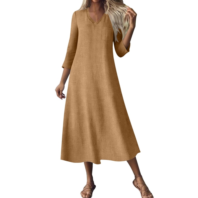 Wyobmus Summer Casual Dresses for Women 3/4 Sleeve Linen Midi Dress Flowy Solid Color Round Neck T-Shirt Dress Khaki, Women's, Size: Large, Brown