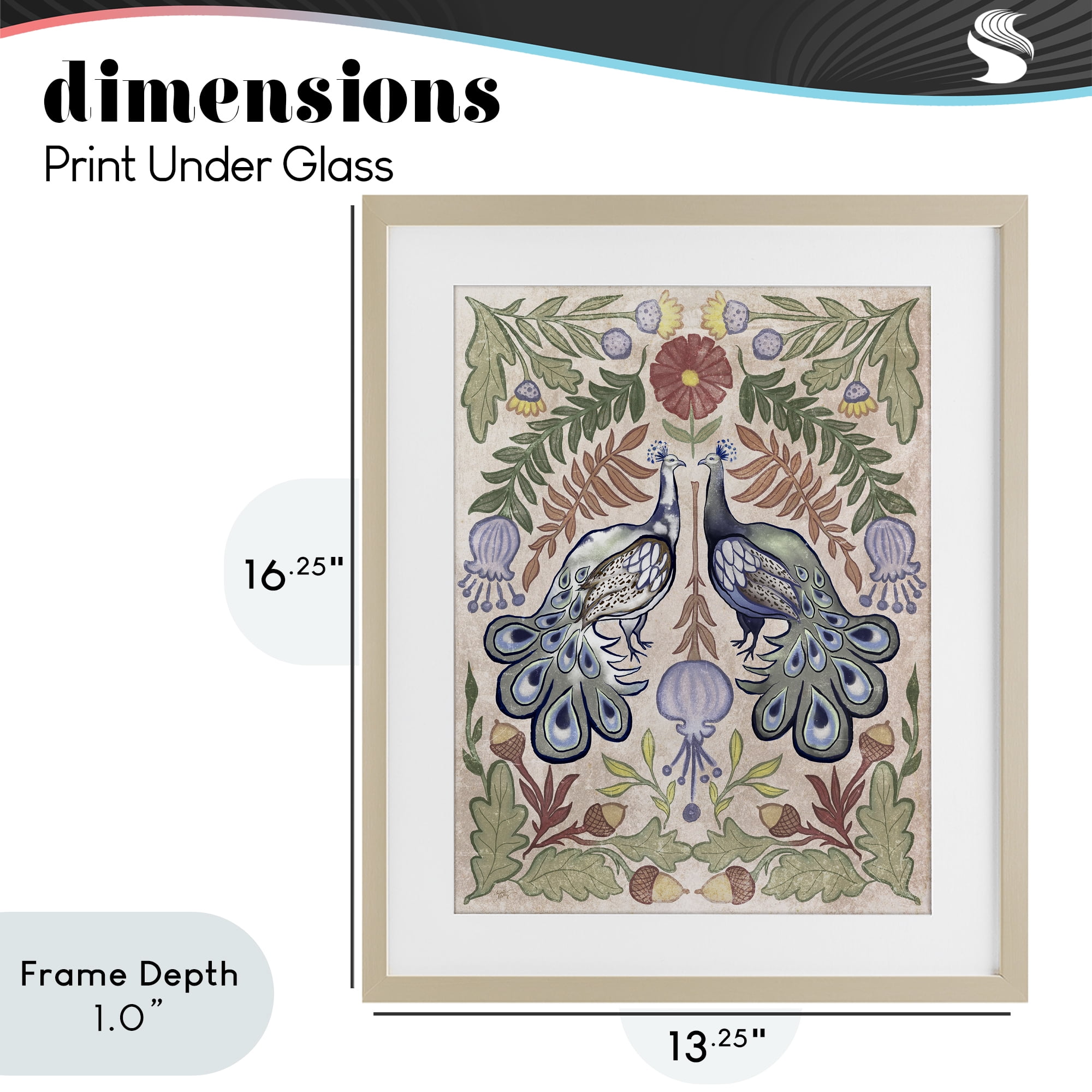 Stupell Industries Symmetrical Peacock & Flower Pattern Birch Framed Print Under Glass, design by Elizabeth Medley
