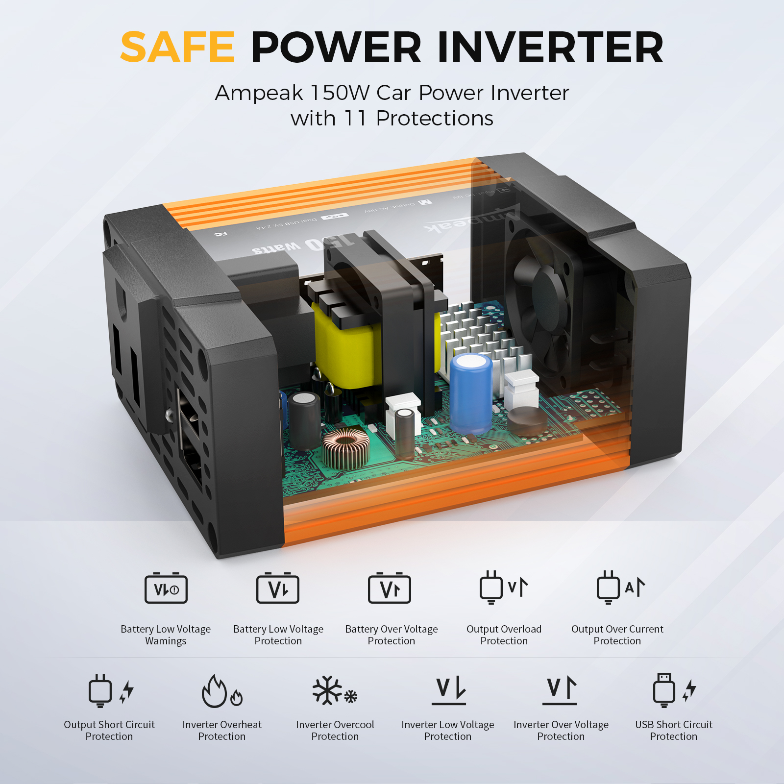 Ampeak 150W Car Power Inverter 11 Safe Charging DC 12V to AC 110V Car Converter 4.8A Dual USB