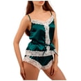 thumbnail image 7 of LYEAA Nightwear for Ladies Valentine's Day Two-piece Soft Satin Pajamas Set Lace V Neck Sling Tops with Shorts Cozy Loungewear Solid Loose Casual Sleepwear Sleepsuits Green M, 7 of 7