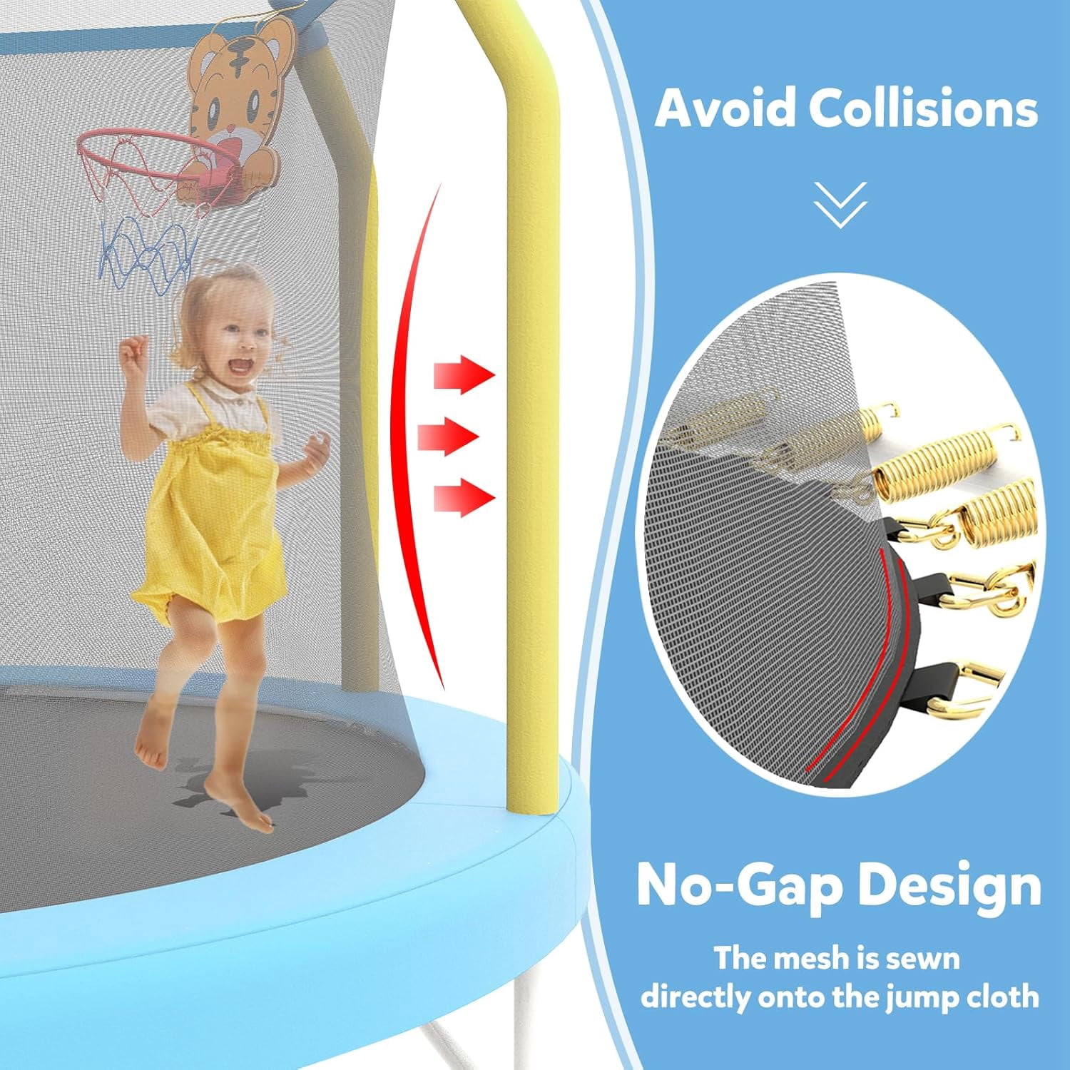 55" Trampoline for Kids, Mini Toddler Trampolines Indoor with Basketball Hoop & Safety Enclosure Net, No-Gap Safe Design for Boys Girls Ages 1-8