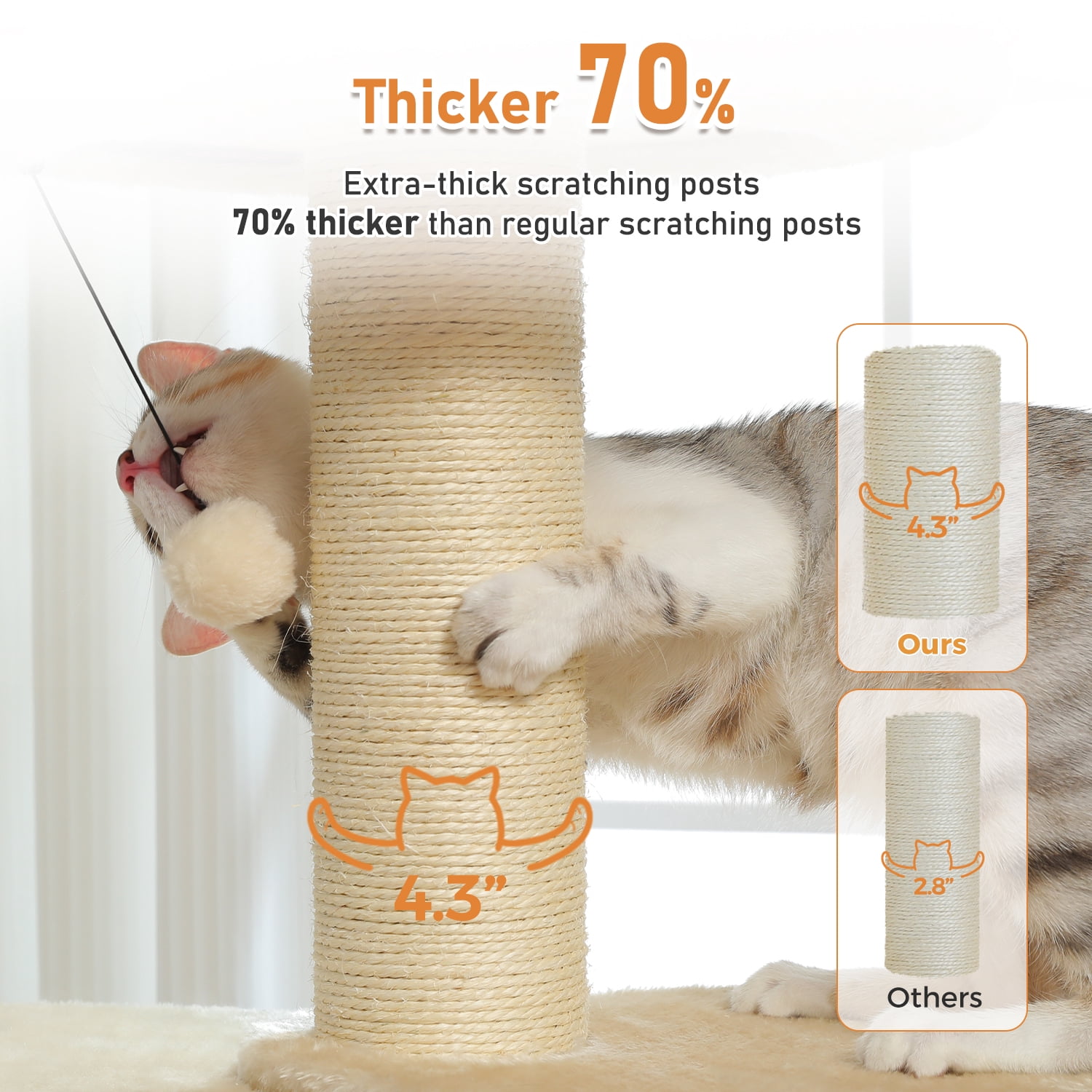 PEQULTI 50" Flower Cat Tree for Cats Indoor 4.1" Thick Scratching Post with 2-Layer Baseboard Beige