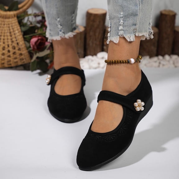 Taylonsss Women's Solid Color Round Toe Low-Cut Loafers with Low Wedge Heel and Adjustable Strap Embroidered with Pearl Detail for Casual to Semi-Formal Occasions Comfortable with Cushioned Insole