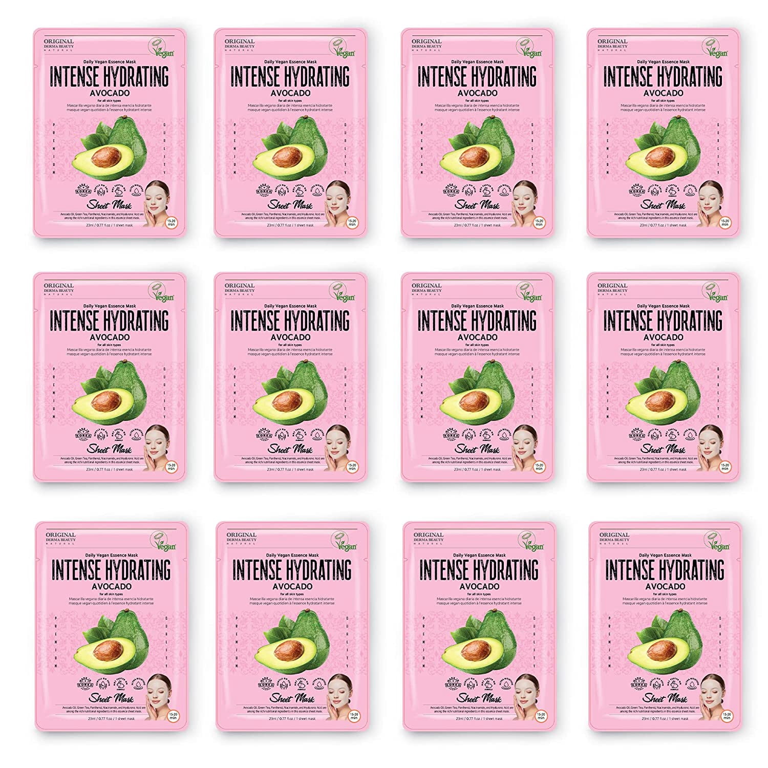 Original Derma Beauty 12 Pack Vegan Intense Hydrating Avocado Essecne Mask Sheet Vegan Face