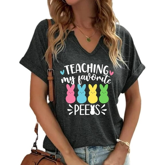Exquisite and comfortable-Easter Shirts for Women Happy Bunny Tshirt Cute V Neck Easter Egg Rabbit Teacher Tee Graphic
