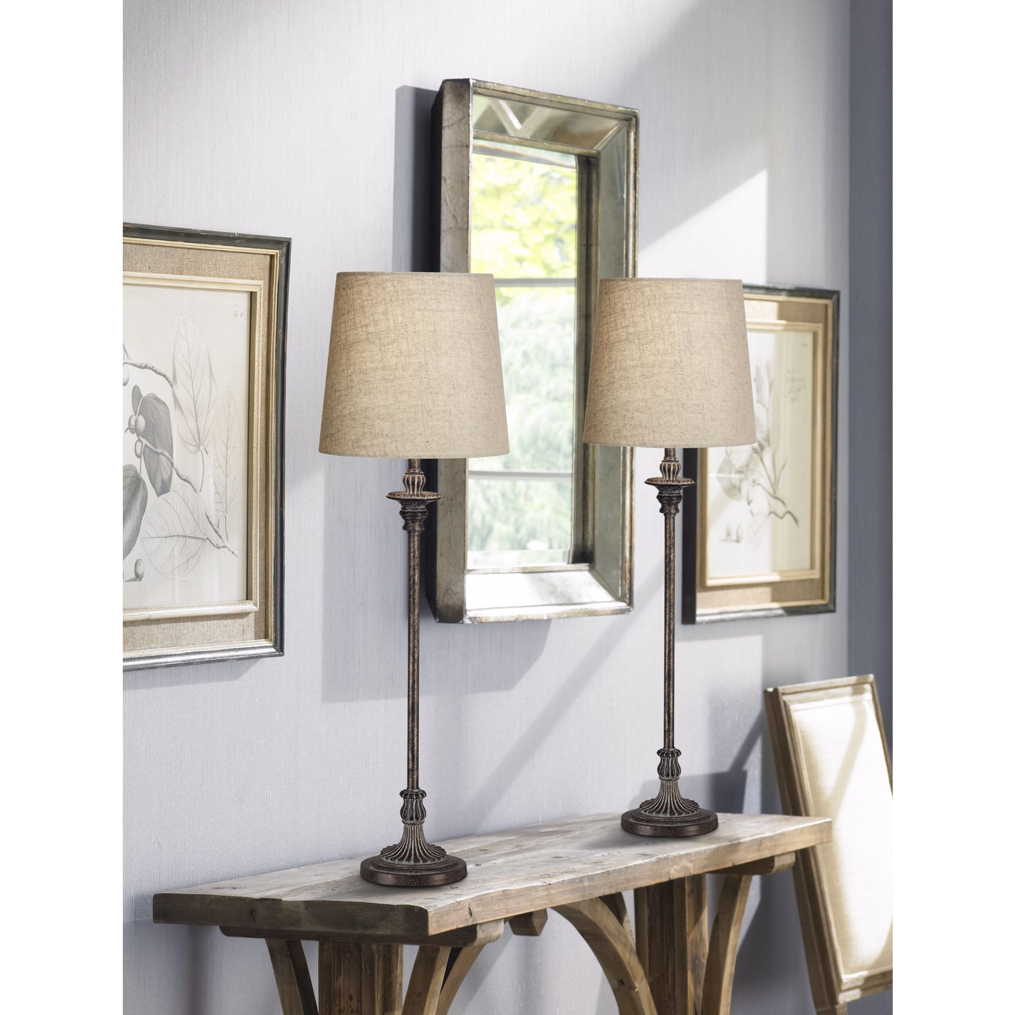 Regency Hill Bentley Traditional Buffet Table Lamp 31 1/2" Tall Weathered Brown Linen Fabric Drum Shade for Bedroom Living Room Bedside Nightstand